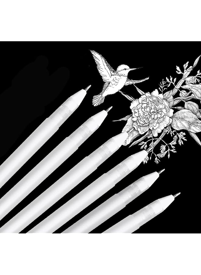 Excefore White Gel Pens 6 Pcs Fine Point White Gel Pen Set For Artists With 0.8Mm Nibs White Rollerball Pens For Black Paper Sketching Drawing Adult Coloring Books Illustration Taking Notes - Image 1