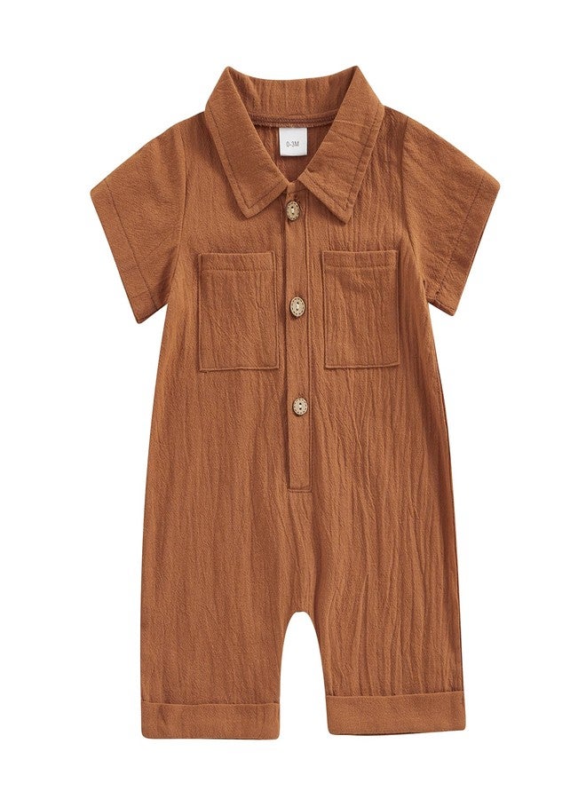 Honganda Newborn Baby Boy Summer Jumpsuit Short Sleeve Button Down Cotton Linen Shirt Romper Gentleman One Piece Outfit (Brown, 6-12 Months) - Image 1