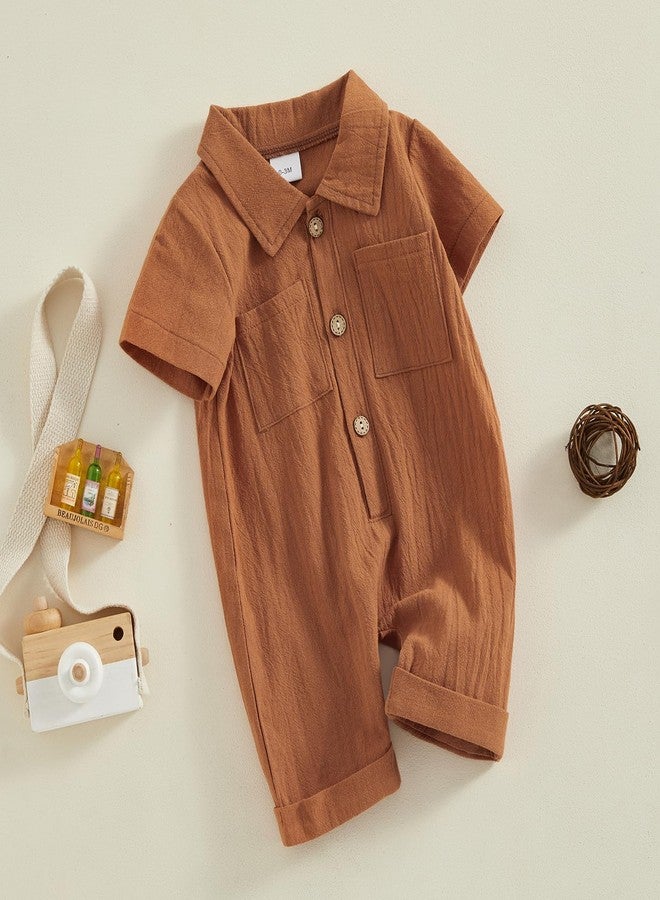 Honganda Newborn Baby Boy Summer Jumpsuit Short Sleeve Button Down Cotton Linen Shirt Romper Gentleman One Piece Outfit (Brown, 6-12 Months) - Image 2