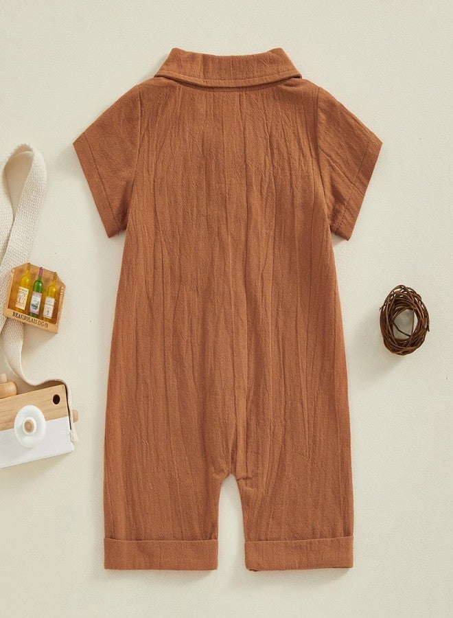 Honganda Newborn Baby Boy Summer Jumpsuit Short Sleeve Button Down Cotton Linen Shirt Romper Gentleman One Piece Outfit (Brown, 6-12 Months) - Image 3