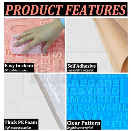 TLISMI 10 Pcs PE Foam 3D English Letter Embossed Wallpaper Self Adhesive Love Style Textured Wall Panels Peel &Stick Waterproof Antifouling Wall Sticker for Home Decor (70cmX60cm, Approx 44.8SqFt) - Image 4