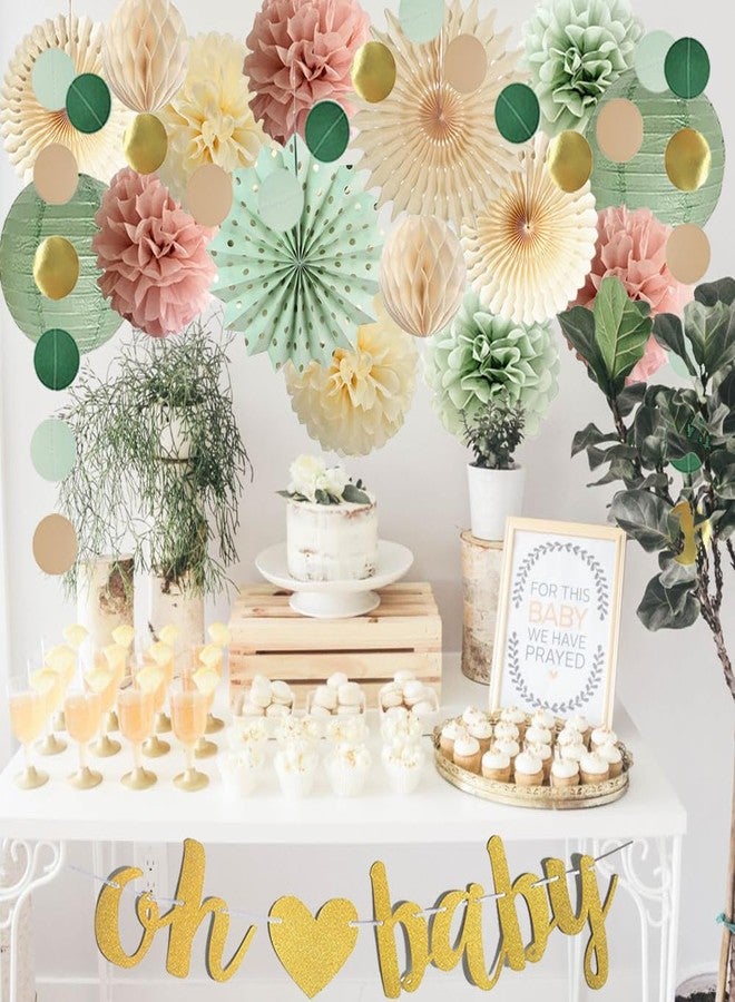 FETETIJD Dusty Pink Sage Green Baby Shower Decorations for Girls Pink and Green Baby Shower Party Decor Oh Baby Banner Paper Pom Poms Fans Paper Lanterns for Gender Neutral Party Decor - Image 3