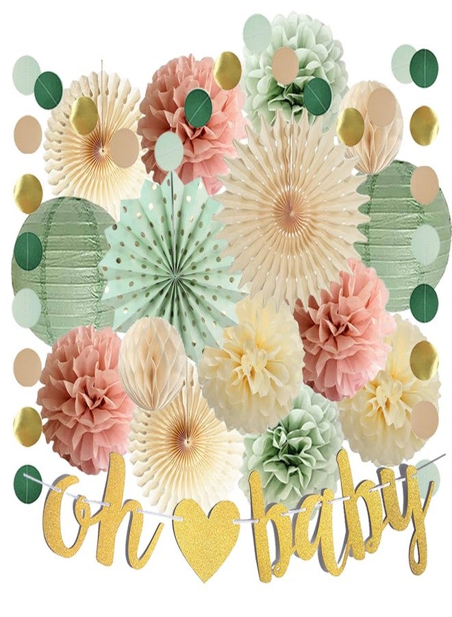 FETETIJD Dusty Pink Sage Green Baby Shower Decorations for Girls Pink and Green Baby Shower Party Decor Oh Baby Banner Paper Pom Poms Fans Paper Lanterns for Gender Neutral Party Decor - Image 1