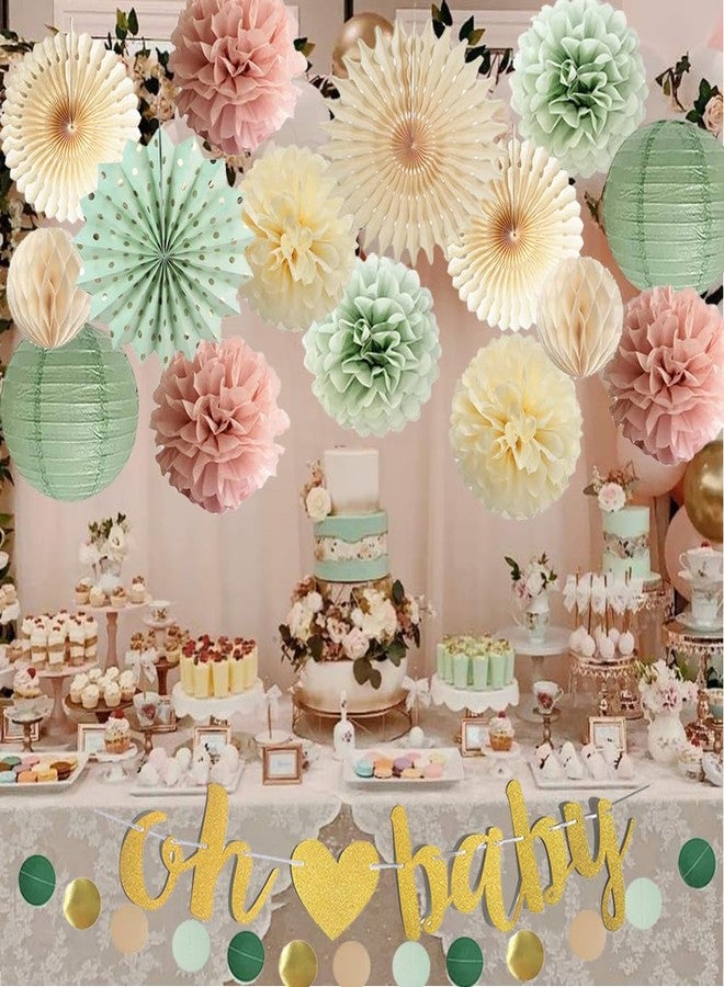 FETETIJD Dusty Pink Sage Green Baby Shower Decorations for Girls Pink and Green Baby Shower Party Decor Oh Baby Banner Paper Pom Poms Fans Paper Lanterns for Gender Neutral Party Decor - Image 2