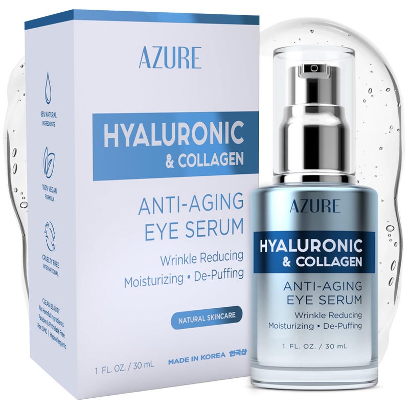 AZURE Hyaluronic & Collagen Anti Aging Eye Serum - Moisturizing, Replenishing & De-Puffing | Reduces Wrinkles, Fine Lines & Under Eye Bags | Locks In Moisture Hydrating Skin | Made in Korea - 30mL - Image 1