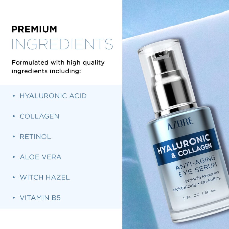 AZURE Hyaluronic & Collagen Anti Aging Eye Serum - Moisturizing, Replenishing & De-Puffing | Reduces Wrinkles, Fine Lines & Under Eye Bags | Locks In Moisture Hydrating Skin | Made in Korea - 30mL - Image 2