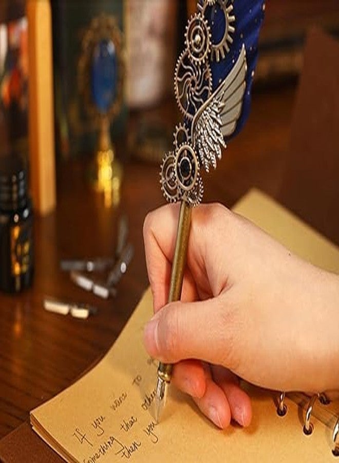 لو شي قلم لوشي ريترو ذو رأس ريشي، طقم أقلام ريشية مغموسة في الماء للكتابة والخط، طقم أقلام هدايا للعودة إلى المدرسة، 6 رؤوس أقلام بديلة، أجنحة ميكانيكية، زخرفة تروس (ألوان متنوعة) - Image 5