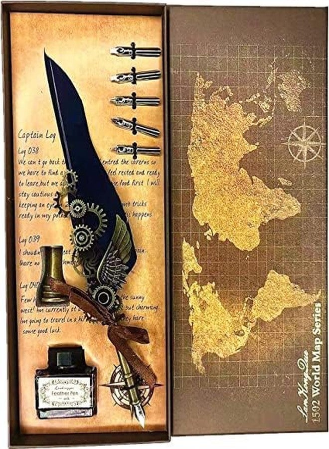 لو شي قلم لوشي ريترو ذو رأس ريشي، طقم أقلام ريشية مغموسة في الماء للكتابة والخط، طقم أقلام هدايا للعودة إلى المدرسة، 6 رؤوس أقلام بديلة، أجنحة ميكانيكية، زخرفة تروس (ألوان متنوعة) - Image 1