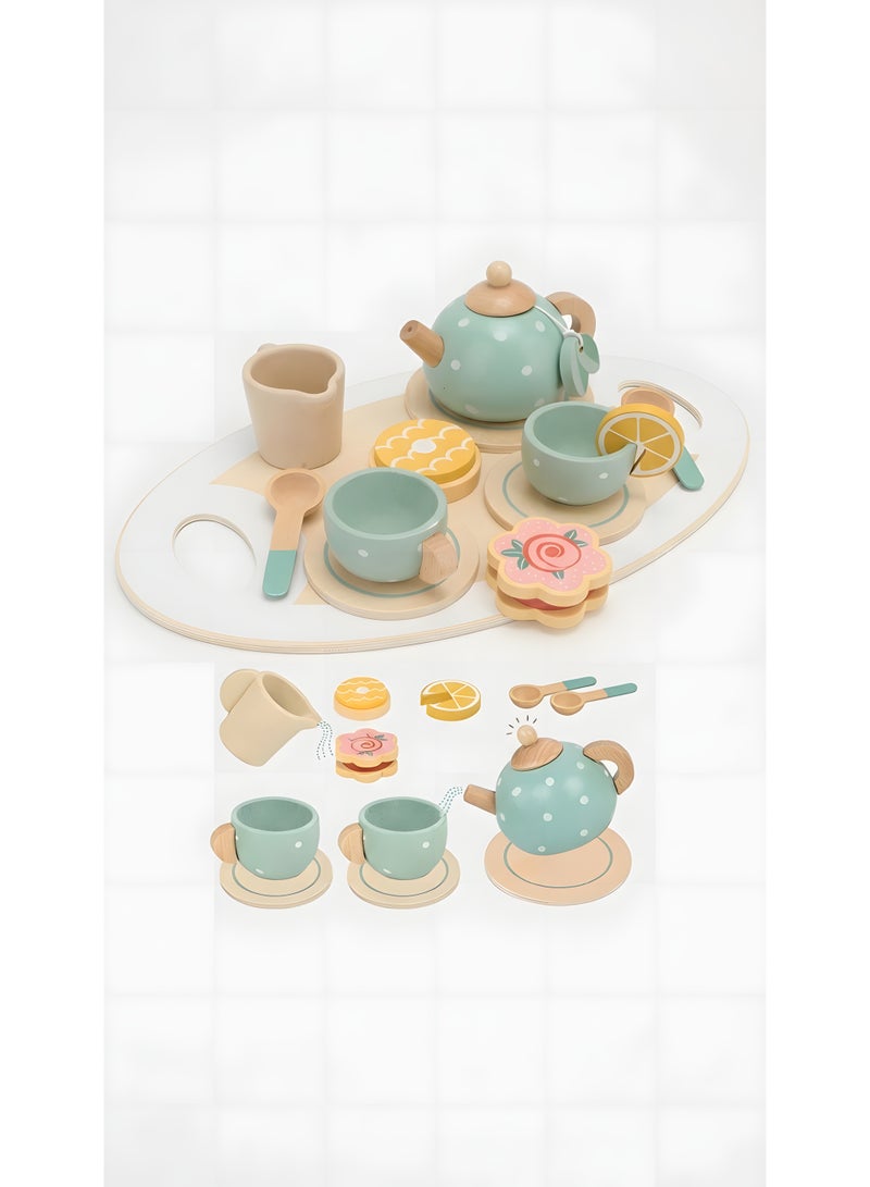 Beauenty Wooden Tea Party Set for Little Girls Boys,Wooden Tea Toys with Tea Pot Cups,Toddler Tea Set Play Kitchen Accessories for Kids Tea Party Toys,Princess Kitchen Tea Party Pretend Play Toy - Image 1