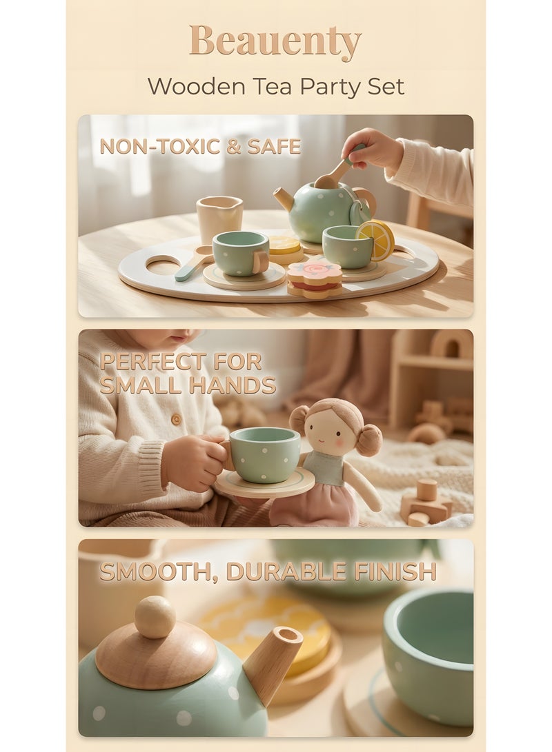 Beauenty Wooden Tea Party Set for Little Girls Boys,Wooden Tea Toys with Tea Pot Cups,Toddler Tea Set Play Kitchen Accessories for Kids Tea Party Toys,Princess Kitchen Tea Party Pretend Play Toy - Image 3