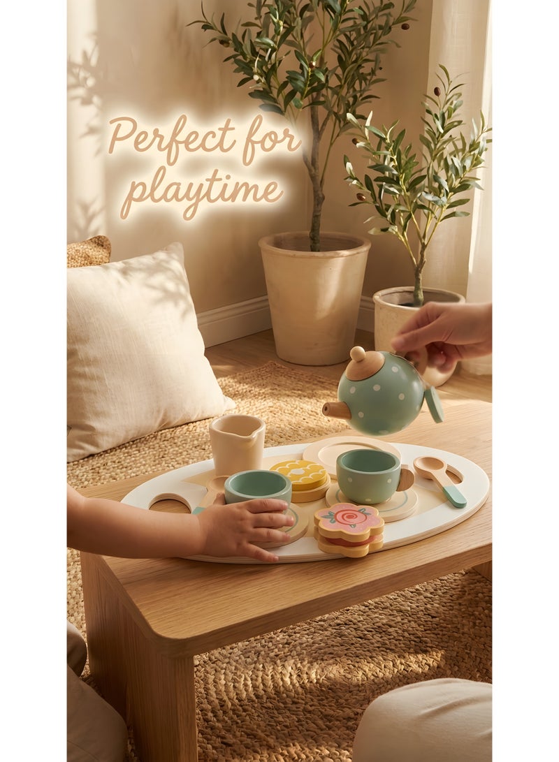 Beauenty Wooden Tea Party Set for Little Girls Boys,Wooden Tea Toys with Tea Pot Cups,Toddler Tea Set Play Kitchen Accessories for Kids Tea Party Toys,Princess Kitchen Tea Party Pretend Play Toy - Image 4