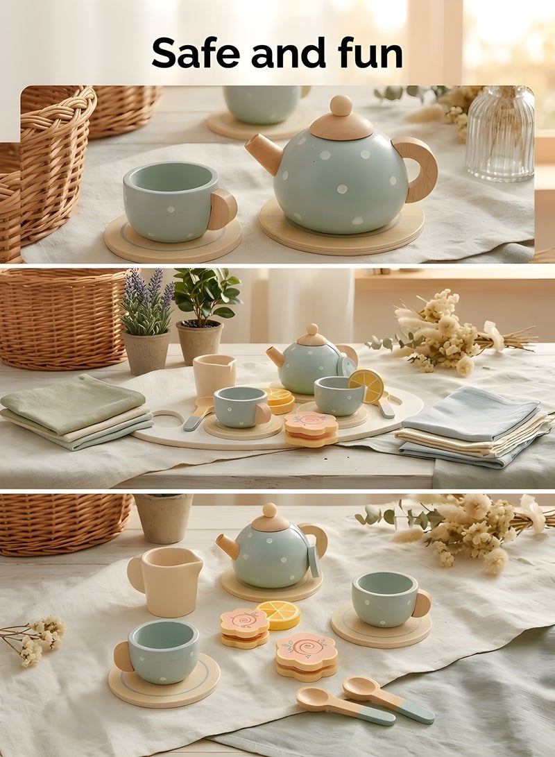 بيوينتي مجموعة شاي خشبية للفتيات والفتيان الصغار، ألعاب شاي خشبية مع إبريق شاي وأكواب، مجموعة شاي للأطفال مع ملحقات مطبخ لعب الشاي لحفلات الشاي، لعبة مطبخ الأميرات لحفلات الشاي للتظاهر باللعب. - Image 3