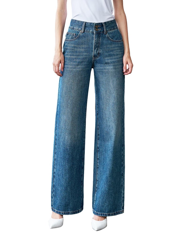 UPNET Womenâ€™s High Waisted Baggy Jeans â€“ Stretchy Wide Leg Tummy Control Straight Leg Denim Pants Trendy Jeans for Women 2025 (Blue,8) - Image 1