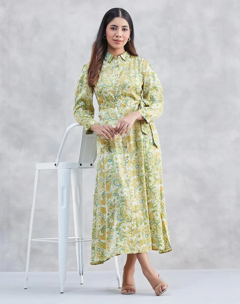 فاب انديا Green Rayon Blend Floral Maxi