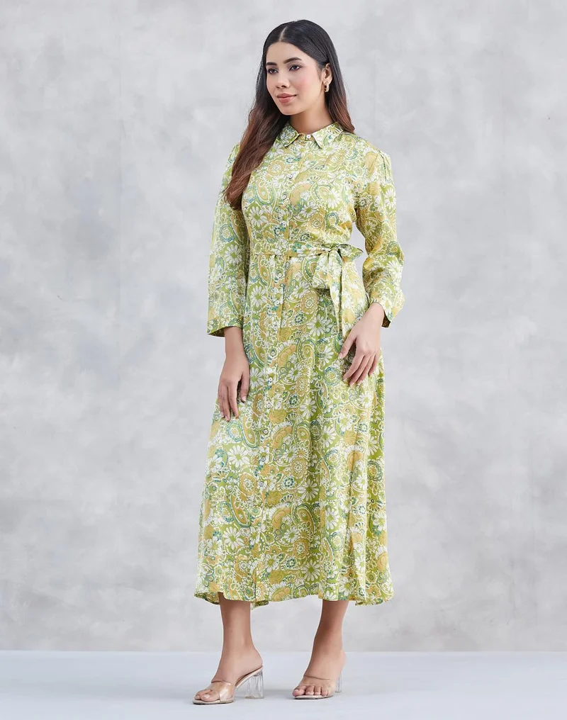 فاب انديا Green Rayon Blend Floral Maxi