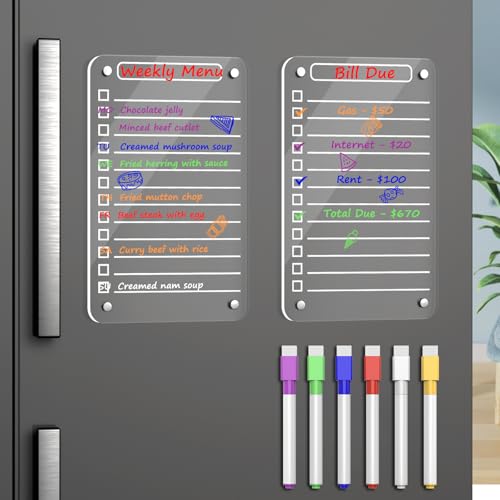 Pasenhome 2 Pcs Acrylic Magnetic Dry Erase Board for Fridge, 12"X6" Clear Magnetic to Do List White Board, Acrylic Dry Erase to Do List for Refrigerator, Magnet Whiteboard with 6 Markers - Image 1