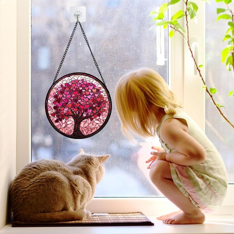 DASTOLL Stained Glass Window Hanging, Pink Love Tree of Life Sun Catchers Colorful Glass Panel Suncatcher Decor for Birthday for Women, Men, Wife, Lovers, and Mom 6.3 in - Image 3
