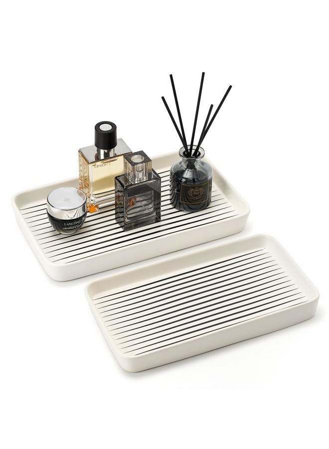 Pottify Bathroom Vanity Tray for Countertop,2PC Rectangle Striped Tray,Decorative Bathroom Organizer for Scrubber, Lotion Bottles, Perfume, Jewelry, Candle, Key Trinket Ring(Large,White) - Image 1