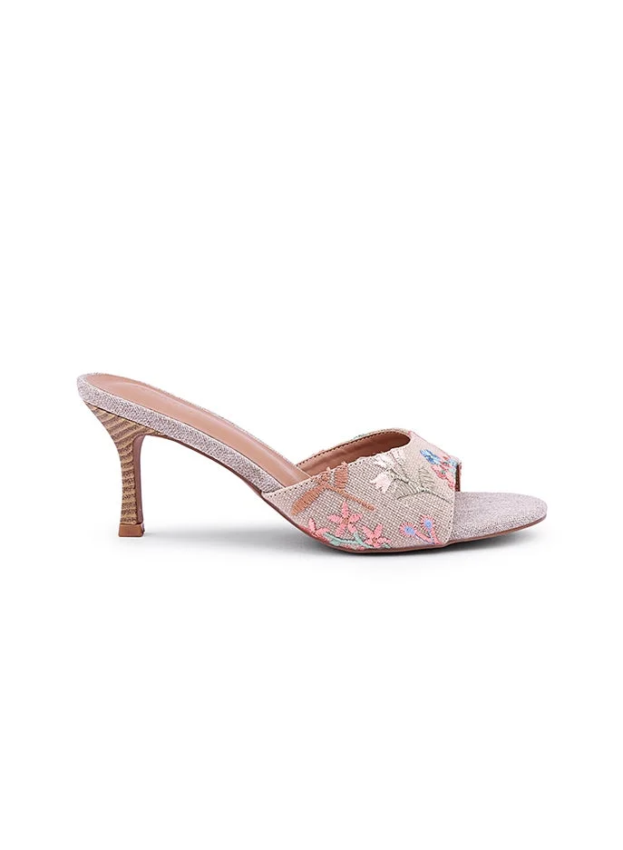 Embroidered Open-Toe Mule Heels