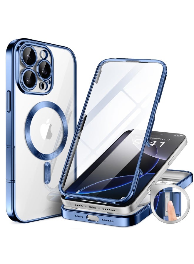 بيرفي جراب مغناطيسي لهاتف iPhone 16 Pro، متوافق مع Magsafe، واقي شاشة مدمج من الزجاج المقوى 9H وحماية مطورة للكاميرا، جراب هاتف مقاوم للصدمات مطلي بالكامل لهاتف 16 Pro مقاس 6.3 بوصة، أزرق - Image 1