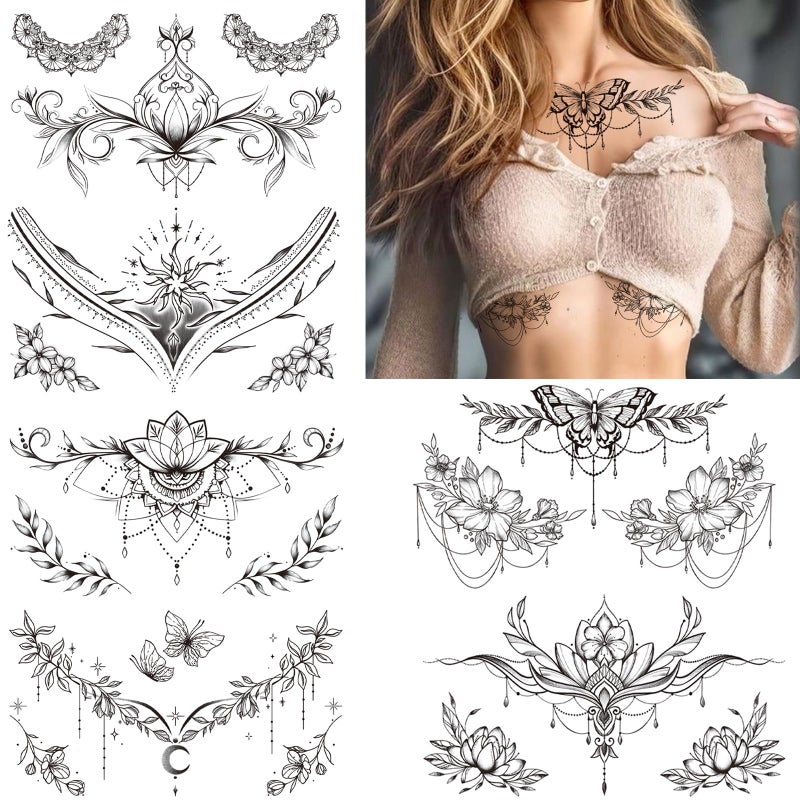 Tazimi 10 Sheets Large Black Flower Chest Underboob Temporary Tattoos for Women &Waist Back Fake Tattoos for girl Adults, Realistic Mandala Flower branch Tattoo Stickers Body Art - Image 1