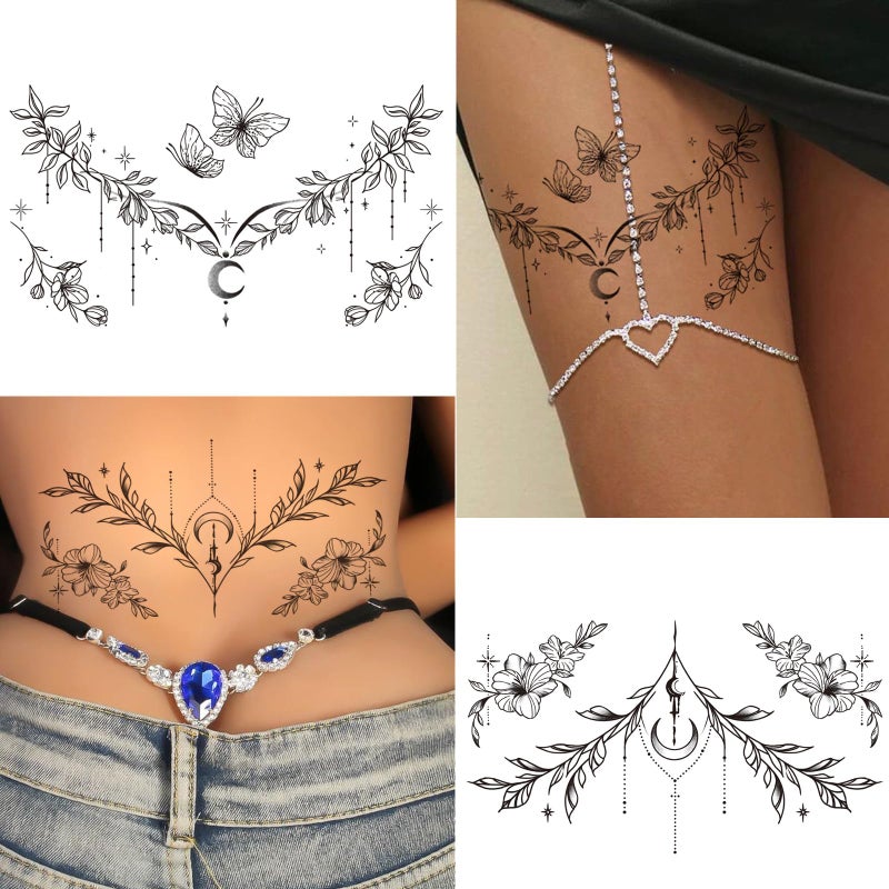 Tazimi 10 Sheets Large Black Flower Chest Underboob Temporary Tattoos for Women &Waist Back Fake Tattoos for girl Adults, Realistic Mandala Flower branch Tattoo Stickers Body Art - Image 5