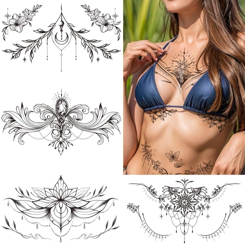Tazimi 10 Sheets Large Black Flower Chest Underboob Temporary Tattoos for Women &Waist Back Fake Tattoos for girl Adults, Realistic Mandala Flower branch Tattoo Stickers Body Art - Image 2