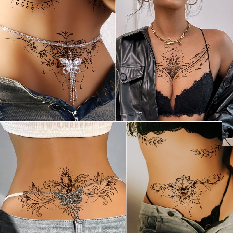 Tazimi 10 Sheets Large Black Flower Chest Underboob Temporary Tattoos for Women &Waist Back Fake Tattoos for girl Adults, Realistic Mandala Flower branch Tattoo Stickers Body Art - Image 3