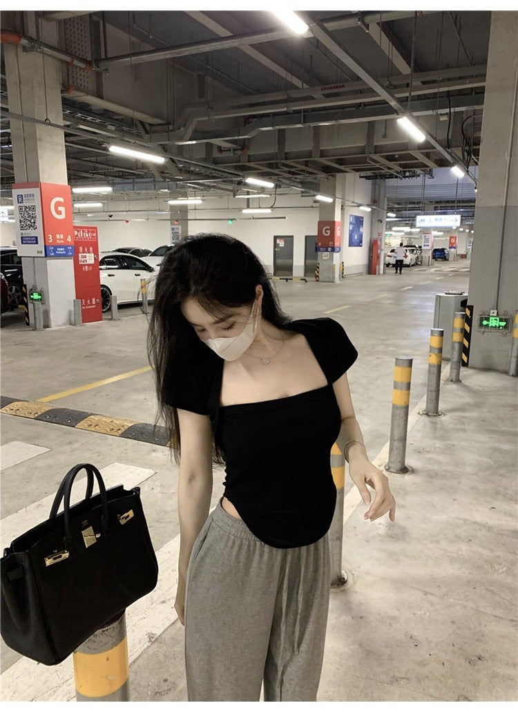 White Square-Neck Short-Sleeve T-Shirt for Women, 2025 Summer New Style, Sexy and Slim-Fitting Design Top, Base Shirt - Image 5