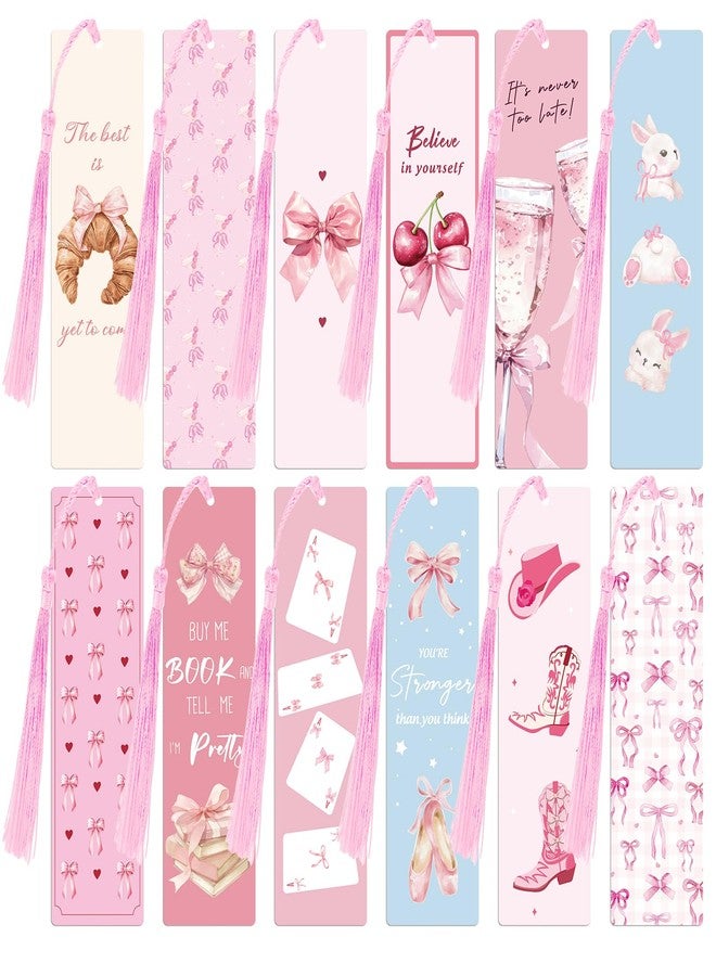 WSICSE 12PCS Pink Bow Bookmarks, Paper Bookmark with Tassels, Funny Bookmarks for Book Lovers Gifts, Double-Sided Colorful Cute Book Marks for Women, Book Accessories, Classroom Reading Supplies - Image 1