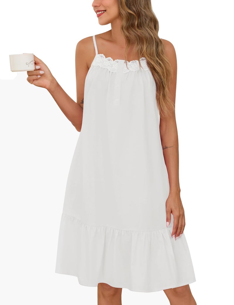 SWOMOG 100% Cotton Nightgowns for Women Lace Sleeveless Sleep Dress Victorian Sleepshirt Button Strap Night Gown, White X-Large - Image 1