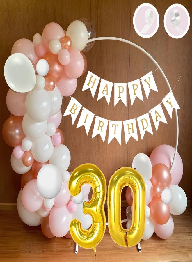 Flyloons 30th Happy Birthday Decoration White and Pink Theme Combination for Girls Women Princes | 30 Pcs Pink White Rose Gold Balloons | White Happy Birthday Paper Banner | Arch Tape | Glue Dots - Image 1