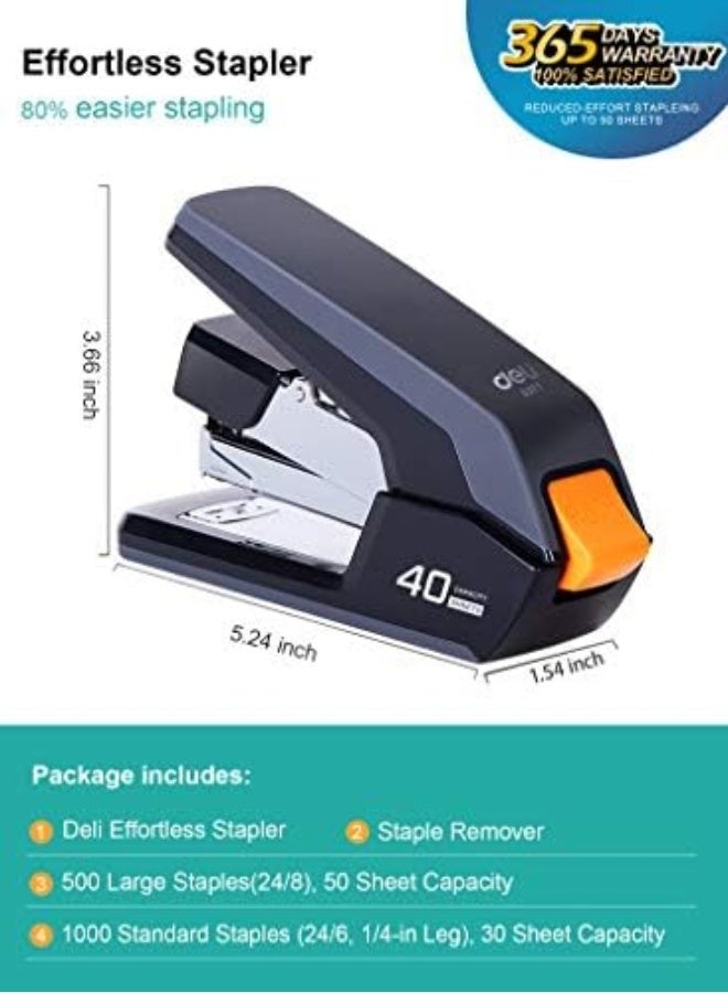 Deli Effortless Desktop Stapler, 40-50 Sheet Capacity, One Finger Touch Stapling, Easy to Load Ergonomic Heavy Duty Stapler, Includes 1500 Staples and Staple Remover - Image 2