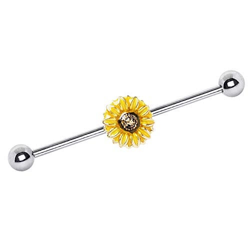 Pierced Owl 316L Stainless Steel Sunflower Industrial Barbell - Image 1