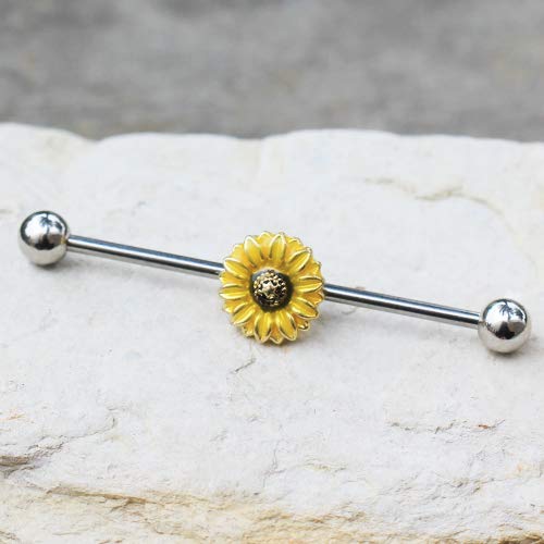 Pierced Owl 316L Stainless Steel Sunflower Industrial Barbell - Image 3