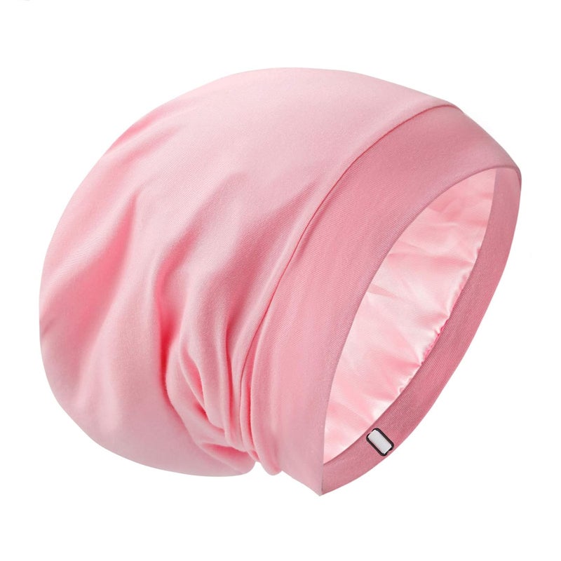 GB Selected Silk Satin Lined Bonnet Sleep Cap - Adjustable Stay on All Night Hair Wrap Cover Slouchy Beanie for Curly Hair Protection for Women and Men - Solid Pink
