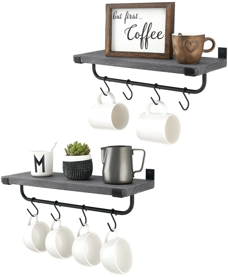 Mkono Mug Holder Wall Mounted Coffee Mug Rack Set of 2 Rustic Floating Shelf for Coffee Bar Accessories Wood Tea Cup Hooks Hanger for Organizing Cooking Utensils Home Kitchen Decor Grey