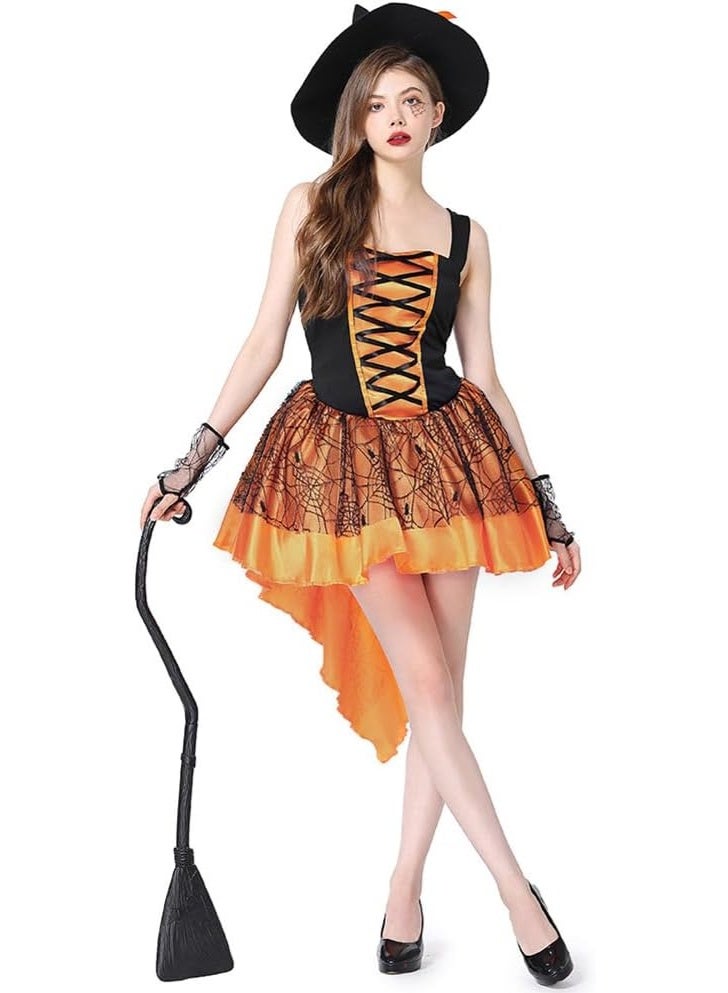 NIBEMINENT Witch Costume for Women Halloween Cosplay Outfits Witch Hat Black Lace Wristbands Magician High-Low Dress - Image 1