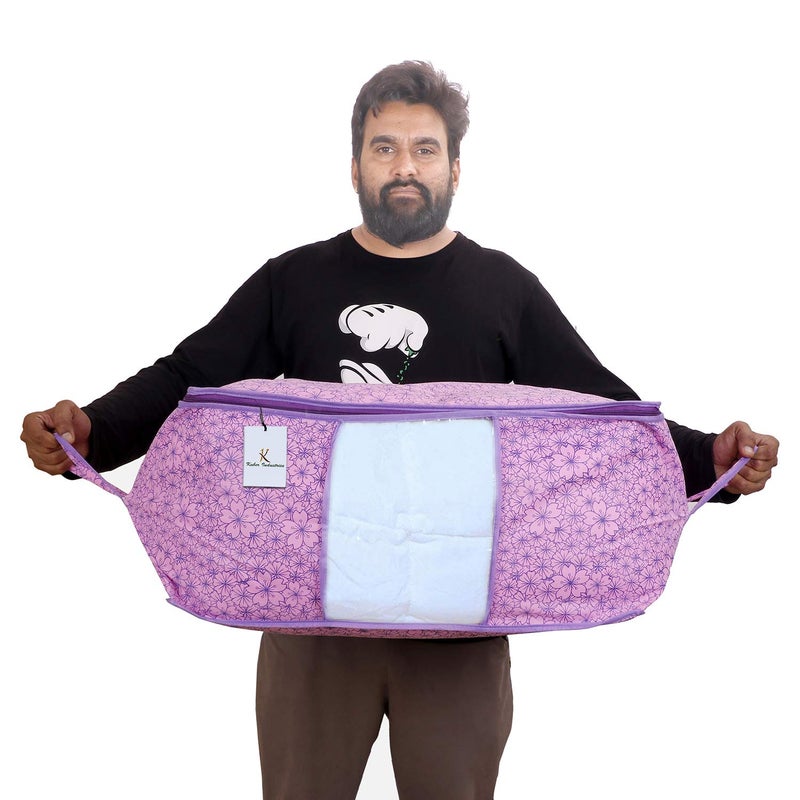 Kuber Industries Metallic Flower Design Non Woven 2 Pieces Underbed Storage Bag Storage Organiser Blanket Cover Pink Purple CTKTC034555 - Image 5