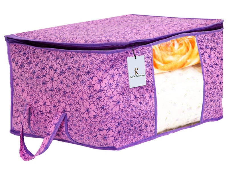 Kuber Industries Metallic Flower Design Non Woven 2 Pieces Underbed Storage Bag Storage Organiser Blanket Cover Pink Purple CTKTC034555 - Image 2