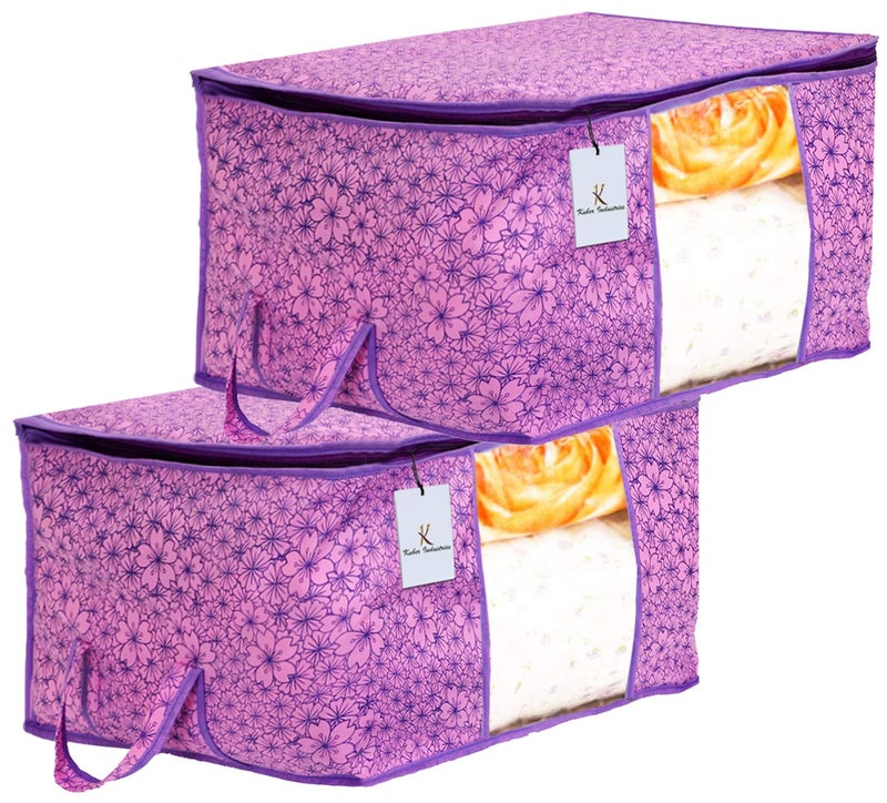 Kuber Industries Metallic Flower Design Non Woven 2 Pieces Underbed Storage Bag Storage Organiser Blanket Cover Pink Purple CTKTC034555 - Image 1