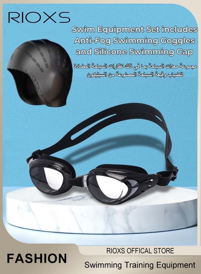 RIOXS Swim Equipment Set Anti-Fog UV Resistant Wide Clear Vision Swimming Goggles and Silicone Swimming Cap with Waterproof Ear Protection for Adults Men and Women - Image 1