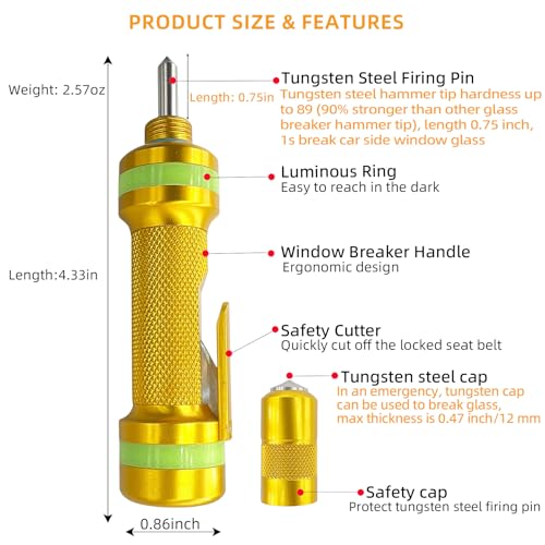 Allelic Car Window Breaker Tool, Window Breaker Seatbelt Cutter, Window Breaker, Glass Breaker, Spring Loaded Window Breaker for Land & Underwater (Gold) - Image 4