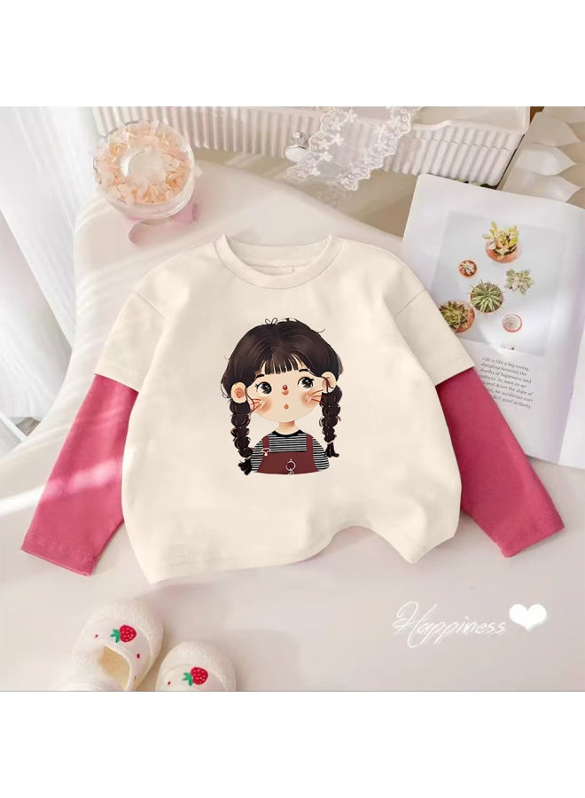 Girls' Long-sleeve T-shirt, Autumn Pure Cotton Round Neck, Faux Two-piece Cartoon Stylish Little Girl Base Shirt, Children's Trendy Top