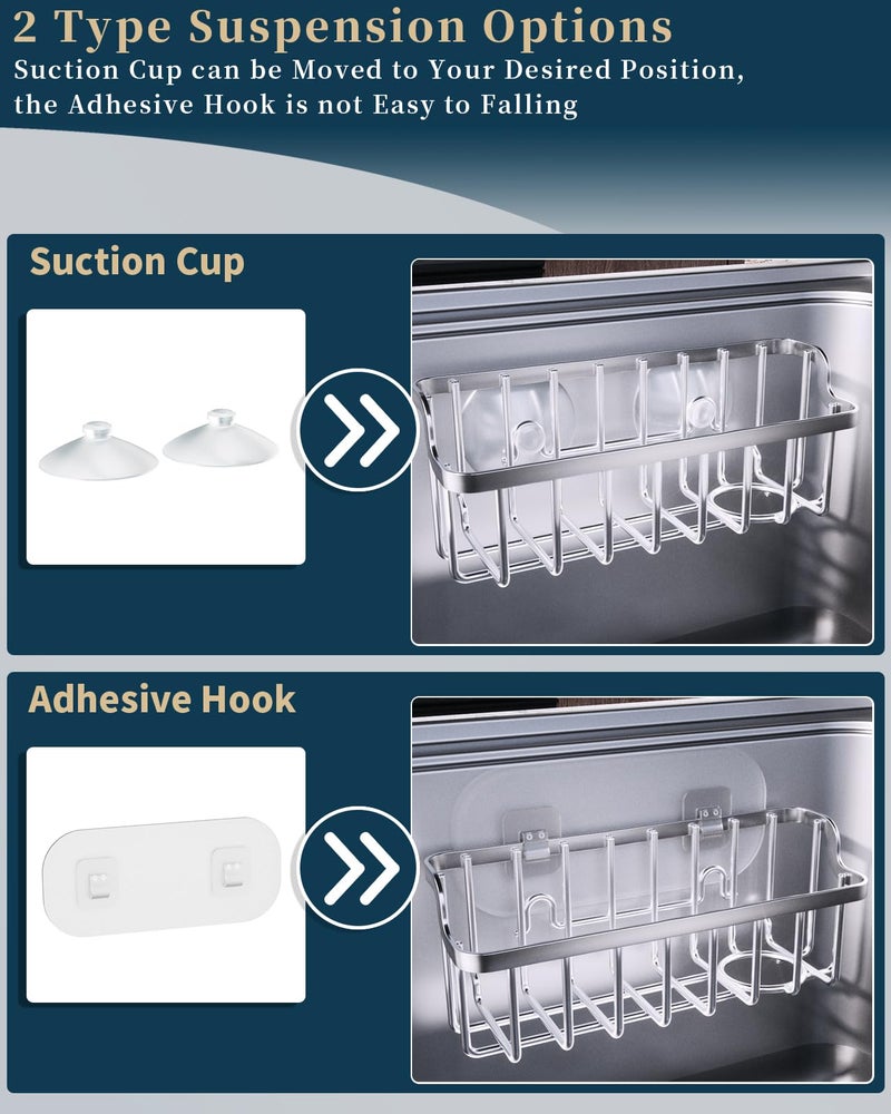 Consumest Sponge Holder Sink Caddy - Ladder Shaped Sponge Holder for Kitchen Sink with 2 Installation Ways (Suction Cups & Adhesive Hook), Rustproof Stainless Steel Kitchen Organizer, Silver - Image 3