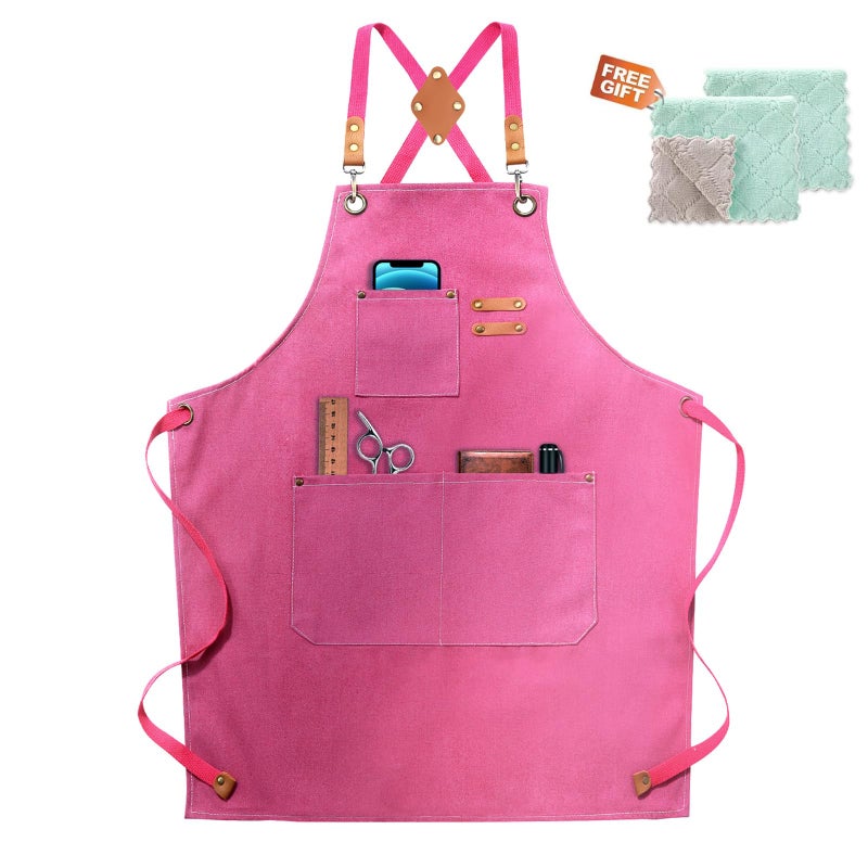 ZOMAO Apron for WomenBaking Kitchen Cooking Apron with Pockets Cotton Canvas Cross Back Apron with Adjustable Strap and Large PocketsBBQ Drawing Crafting Aprons for Women Chef Pink