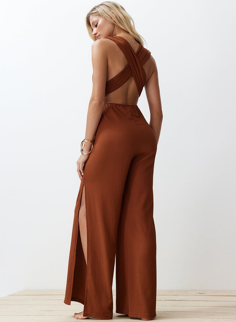 trendyol Brown Woven Slit Maxi Beach Jumpsuit Tbess23Tu00010 - Image 5