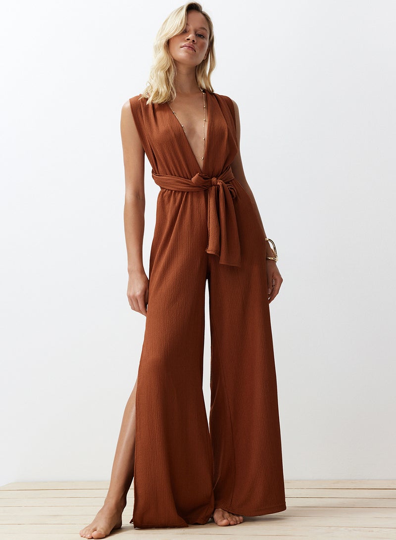 trendyol Brown Woven Slit Maxi Beach Jumpsuit Tbess23Tu00010 - Image 1