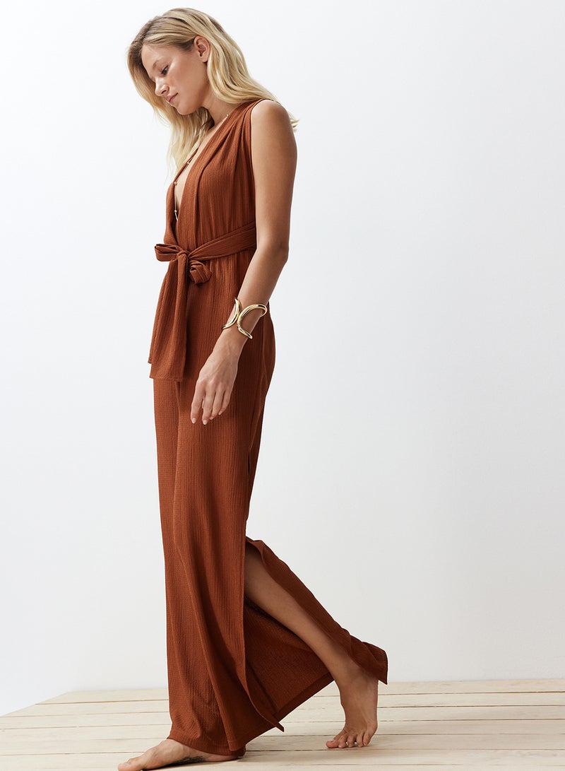 trendyol Brown Woven Slit Maxi Beach Jumpsuit Tbess23Tu00010 - Image 2