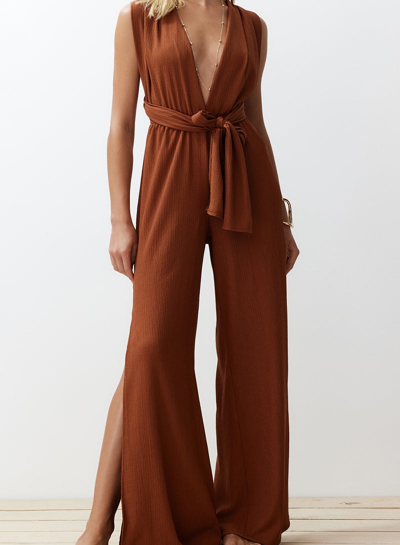 trendyol Brown Woven Slit Maxi Beach Jumpsuit Tbess23Tu00010 - Image 4